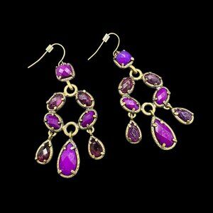 Statement Pierced Earrings Gold Tone and Purple Stones Prom Dangling